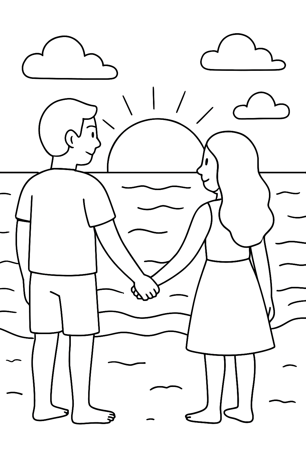 Homem de mãos dadas com mulher na praia vendo por do sol para colorir