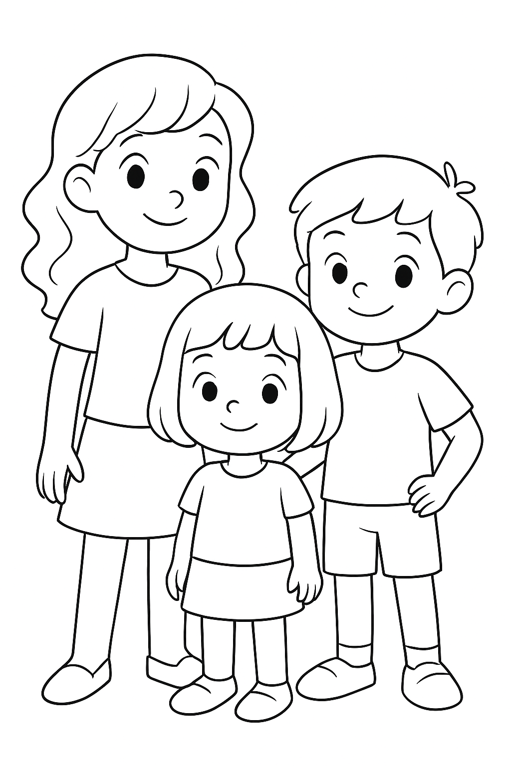 duas amigas, uma mais alta de cabelo ondulado e uma mais baixa de cabelo curto, e um menino meio fofo para colorir