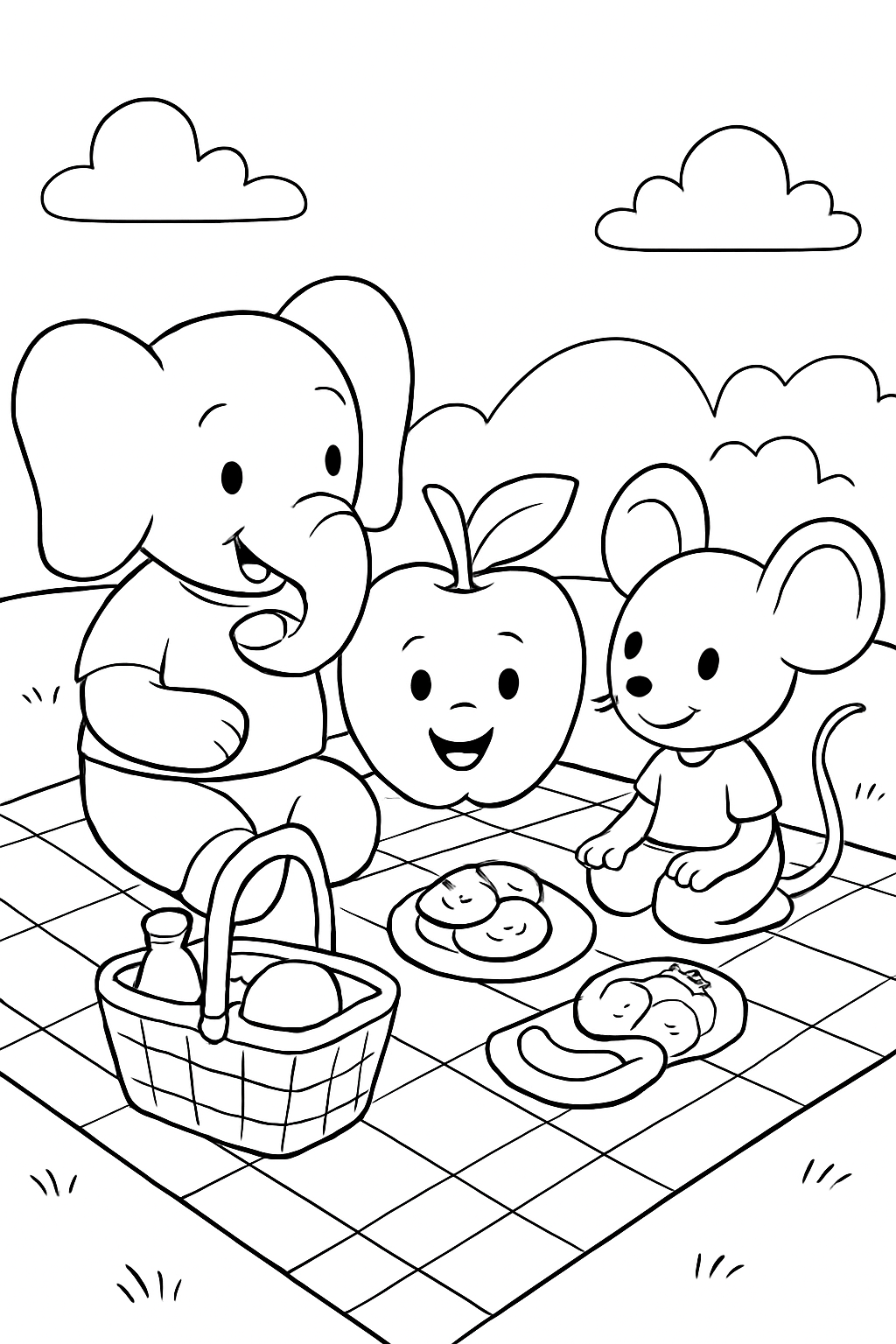 opal, apple, dr. parmesan e momo do bobbie goods em um  pique nique para colorir