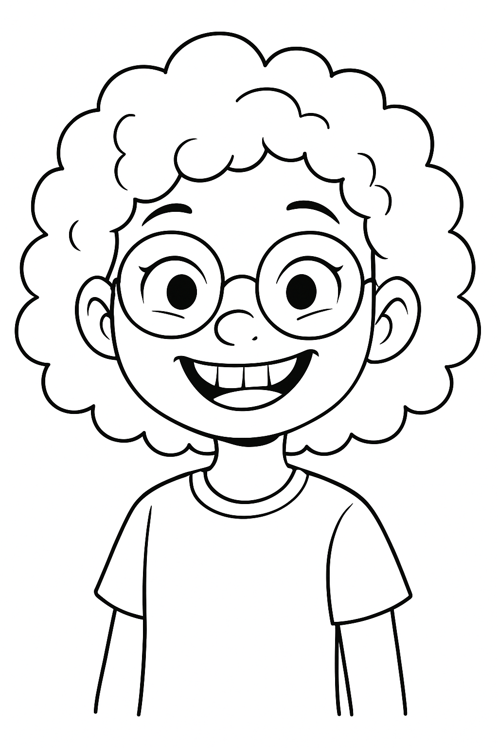 uma menina de cabelos cacheados, óculos redondos, nariz de batata olhos puxadinhos e um sorriso enorme dentes separados para colorir