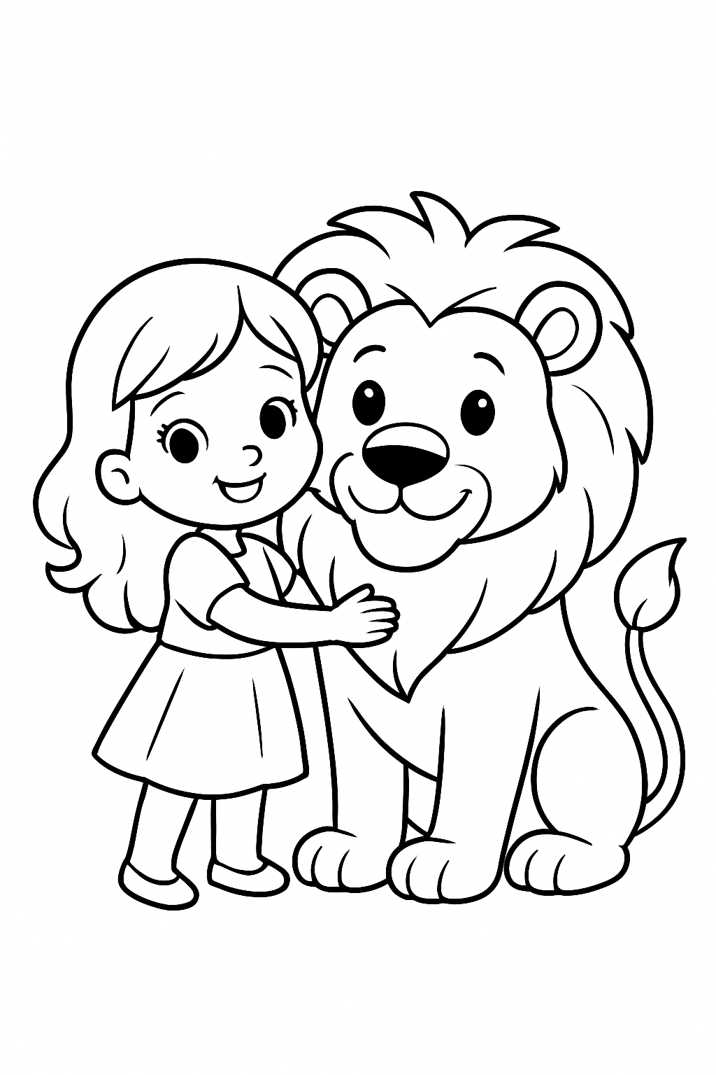 uma menina com um leao para colorir