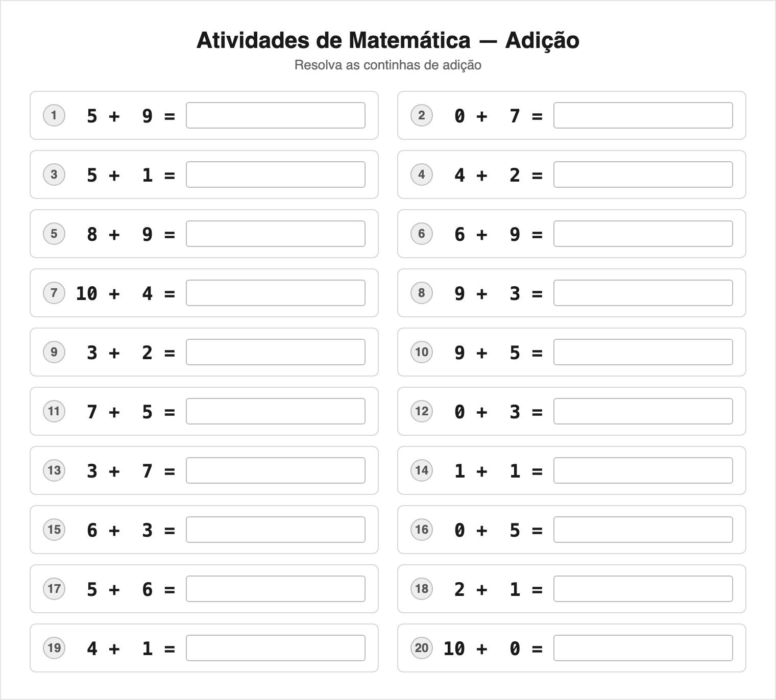 Adição — 20 contas (Fácil) — Continhas de Matemática para Imprimir