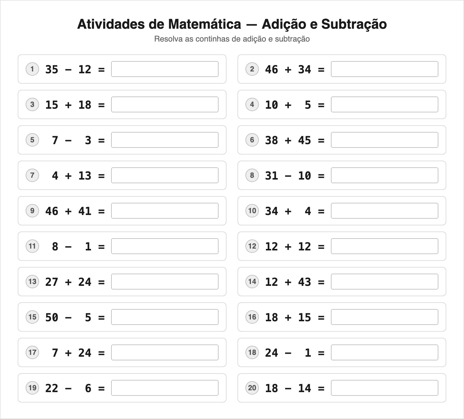 Adição e Subtração — 20 contas (Médio) — Continhas de Matemática para Imprimir
