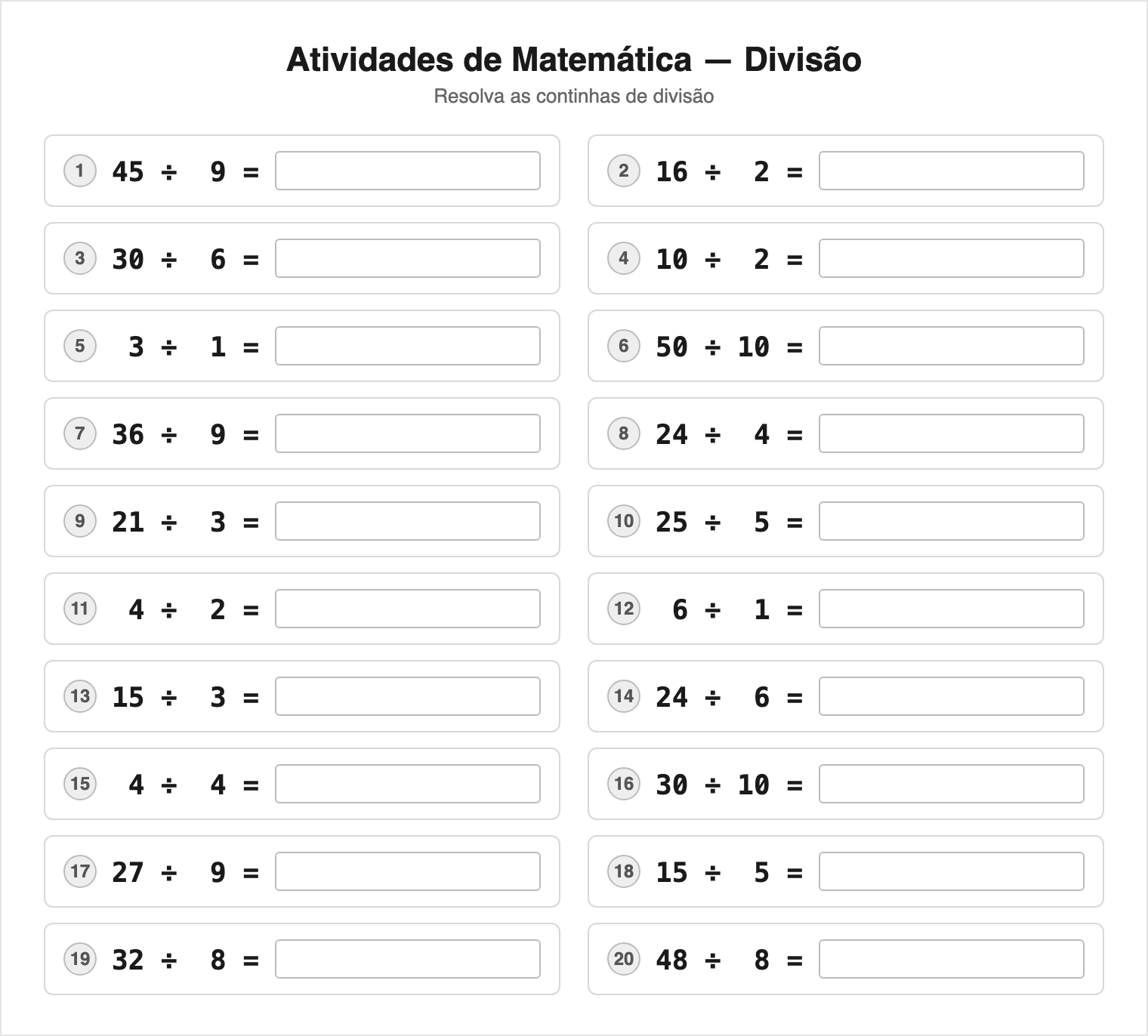 Divisão — 20 contas (Médio) — Continhas de Matemática para Imprimir