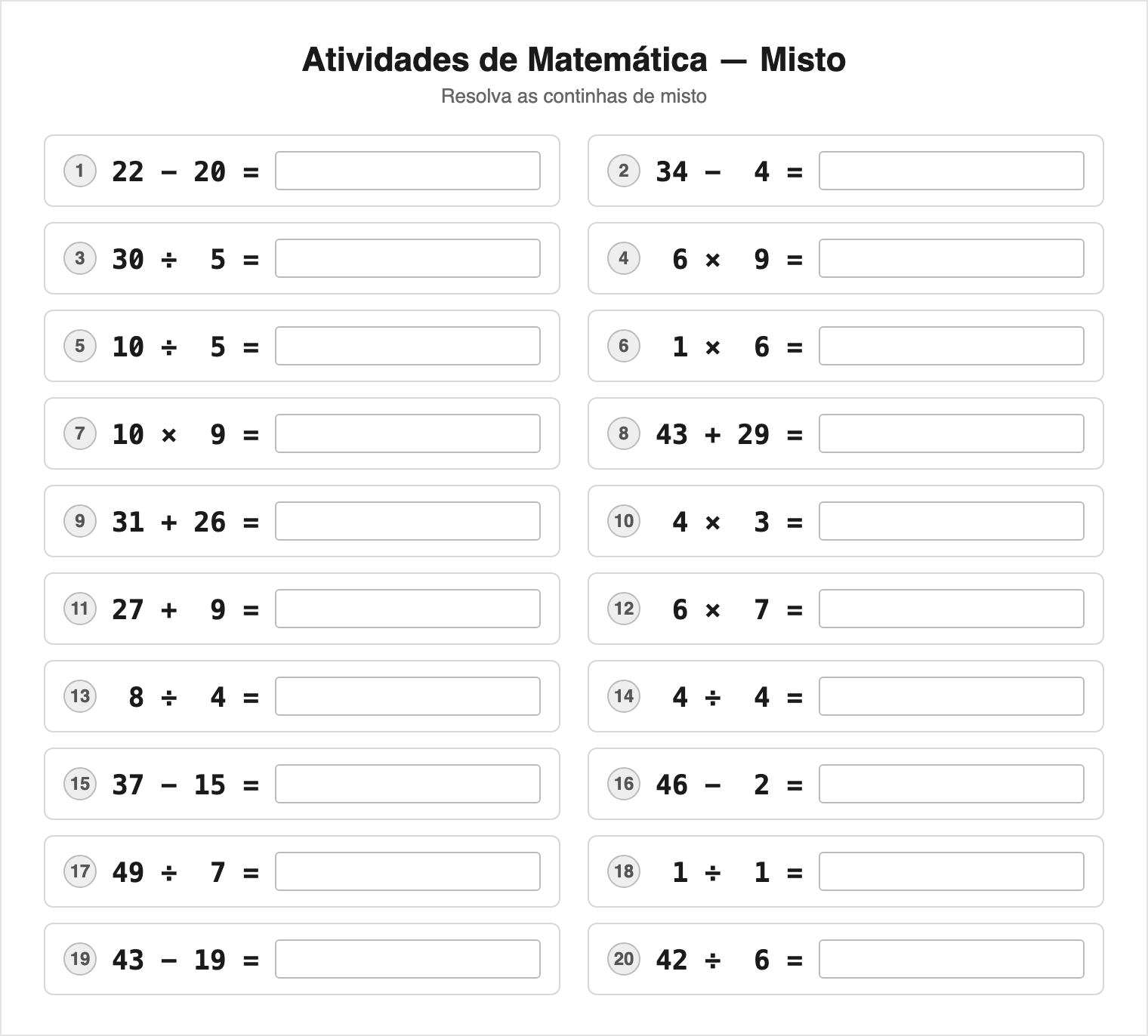 Misto — 20 contas (Médio) — Continhas de Matemática para Imprimir