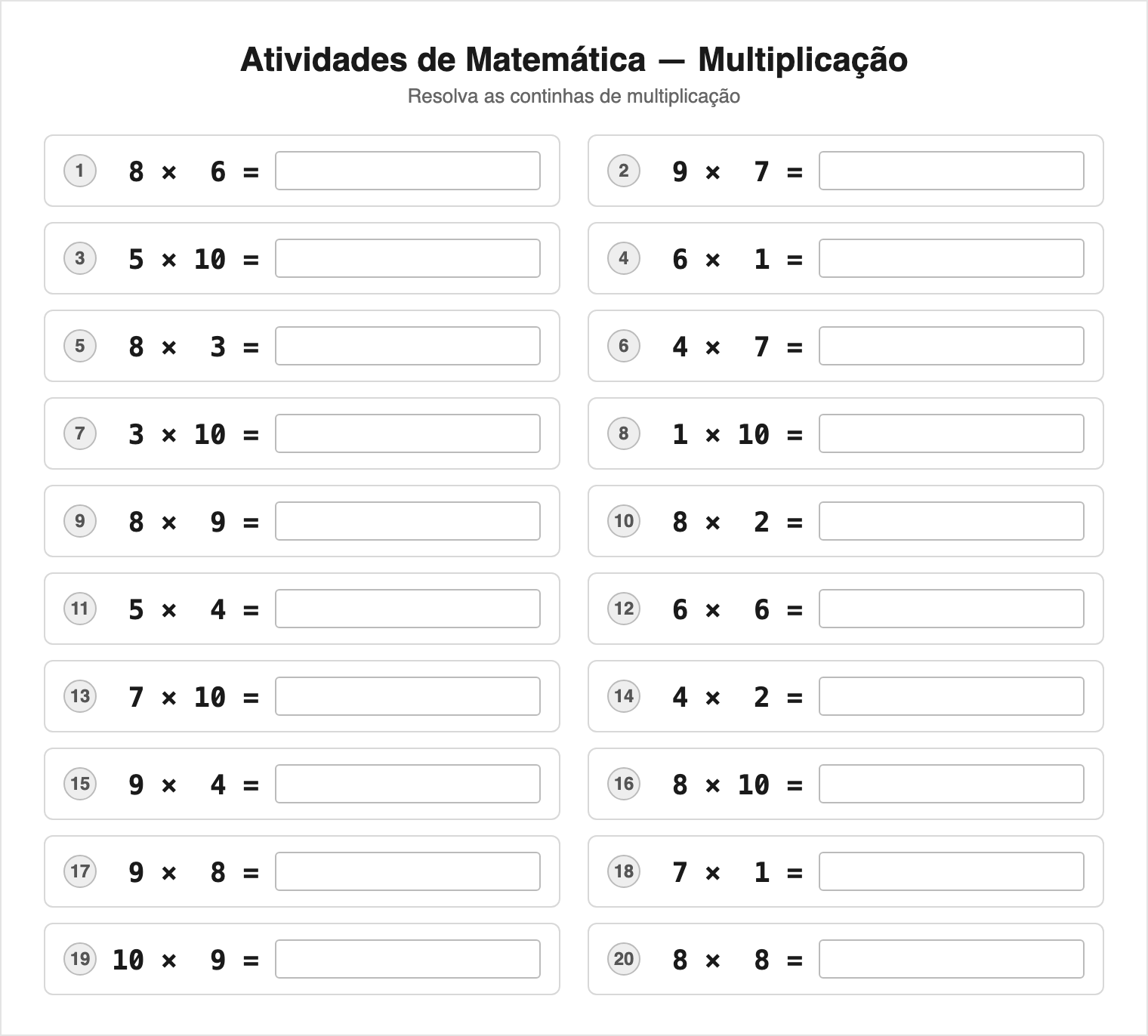 Multiplicação — 20 contas (Médio) — Continhas de Matemática para Imprimir