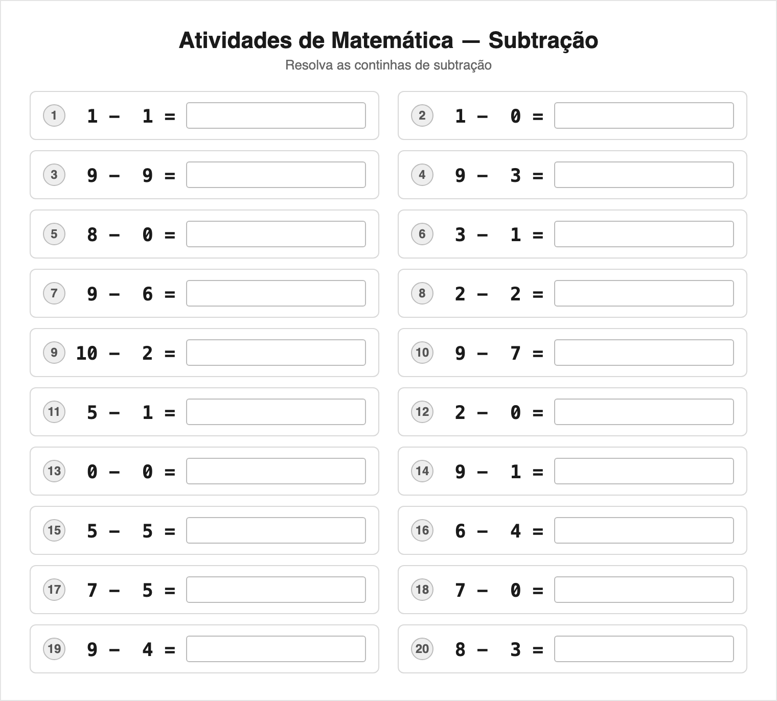 Subtração — 20 contas (Fácil) — Continhas de Matemática para Imprimir