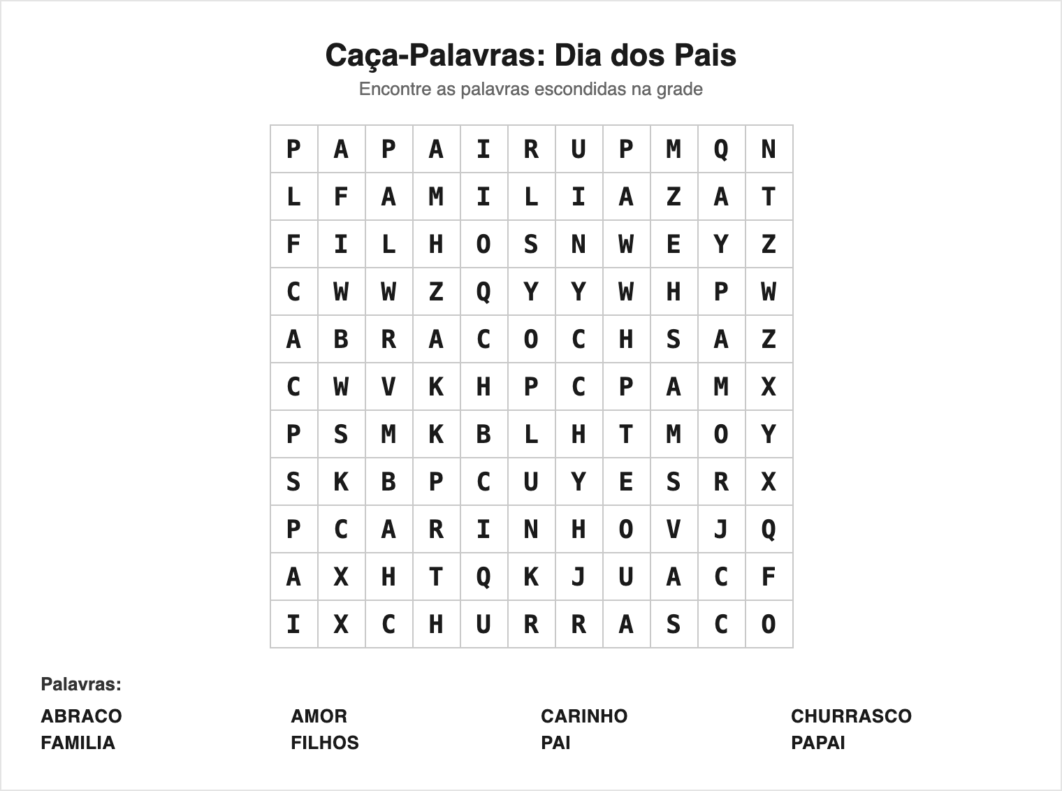 Fácil — 8 palavras (grade 11×11) — Caça-Palavras do Dia dos Pais para Imprimir