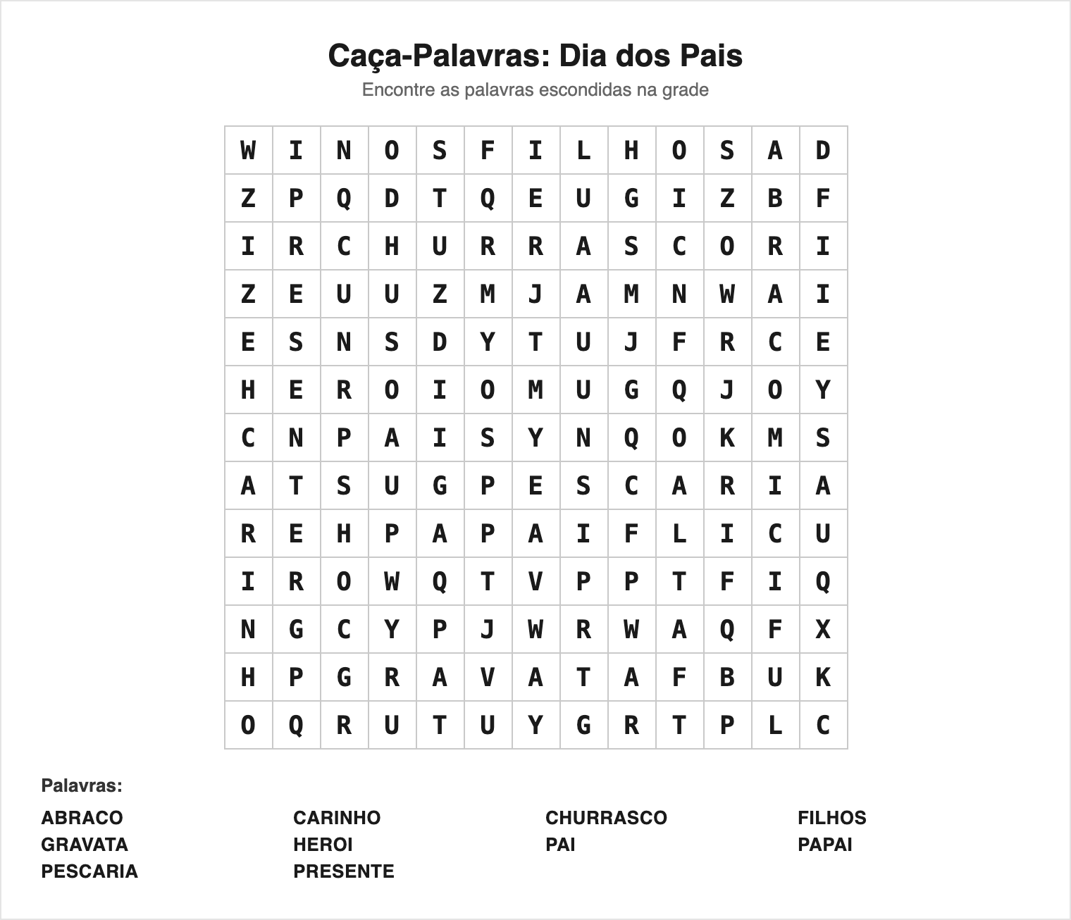 Fácil — 10 palavras (grade 13×13) — Caça-Palavras do Dia dos Pais para Imprimir