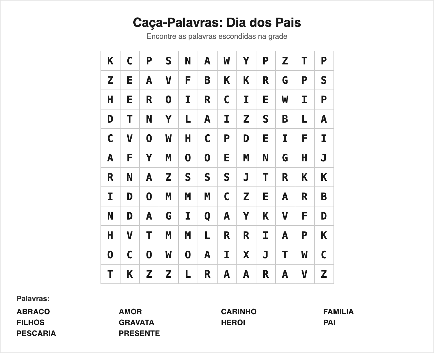 Médio — 10 palavras (grade 12×12) — Caça-Palavras do Dia dos Pais para Imprimir
