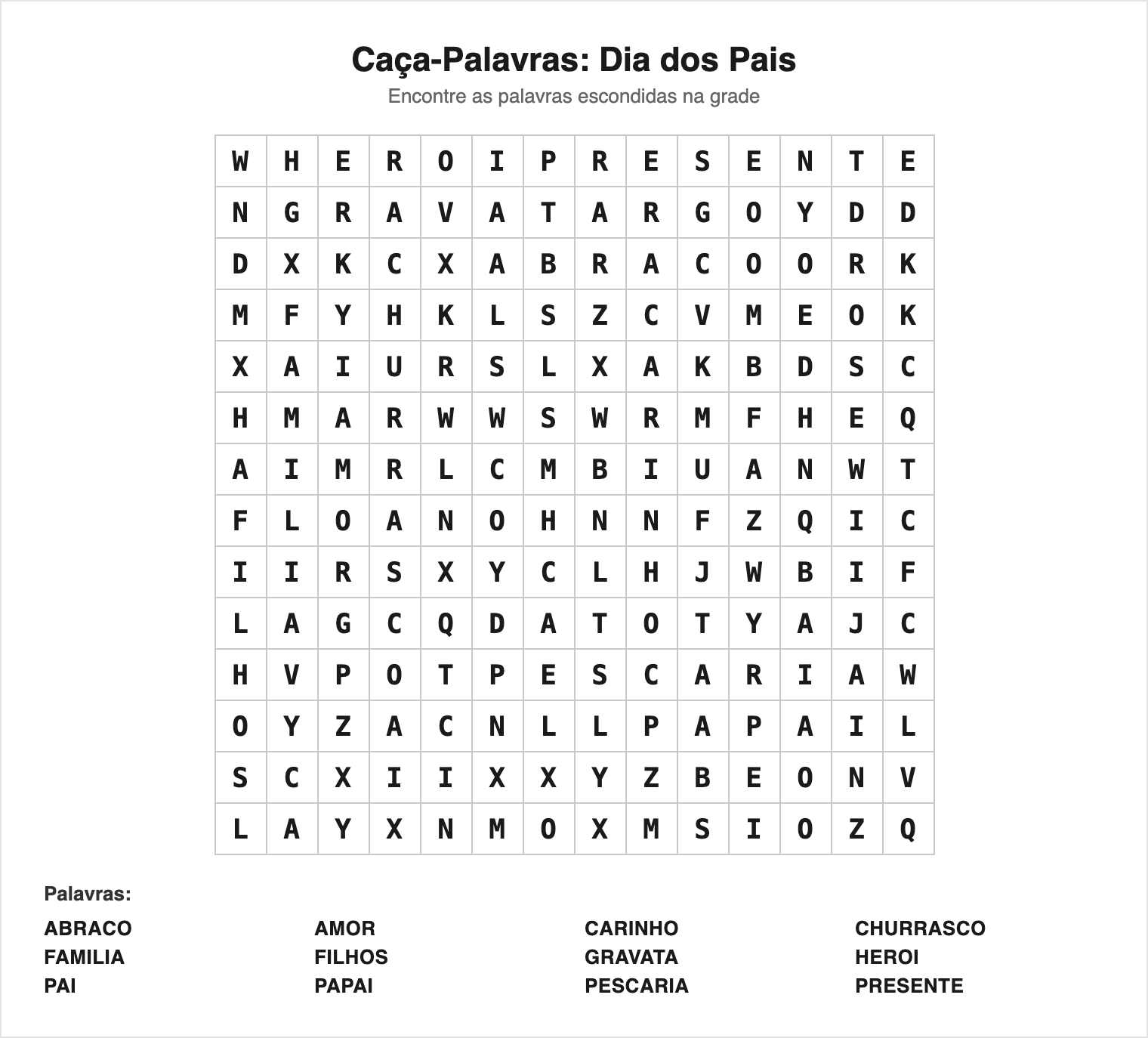 Médio — 12 palavras (grade 14×14) — Caça-Palavras do Dia dos Pais para Imprimir