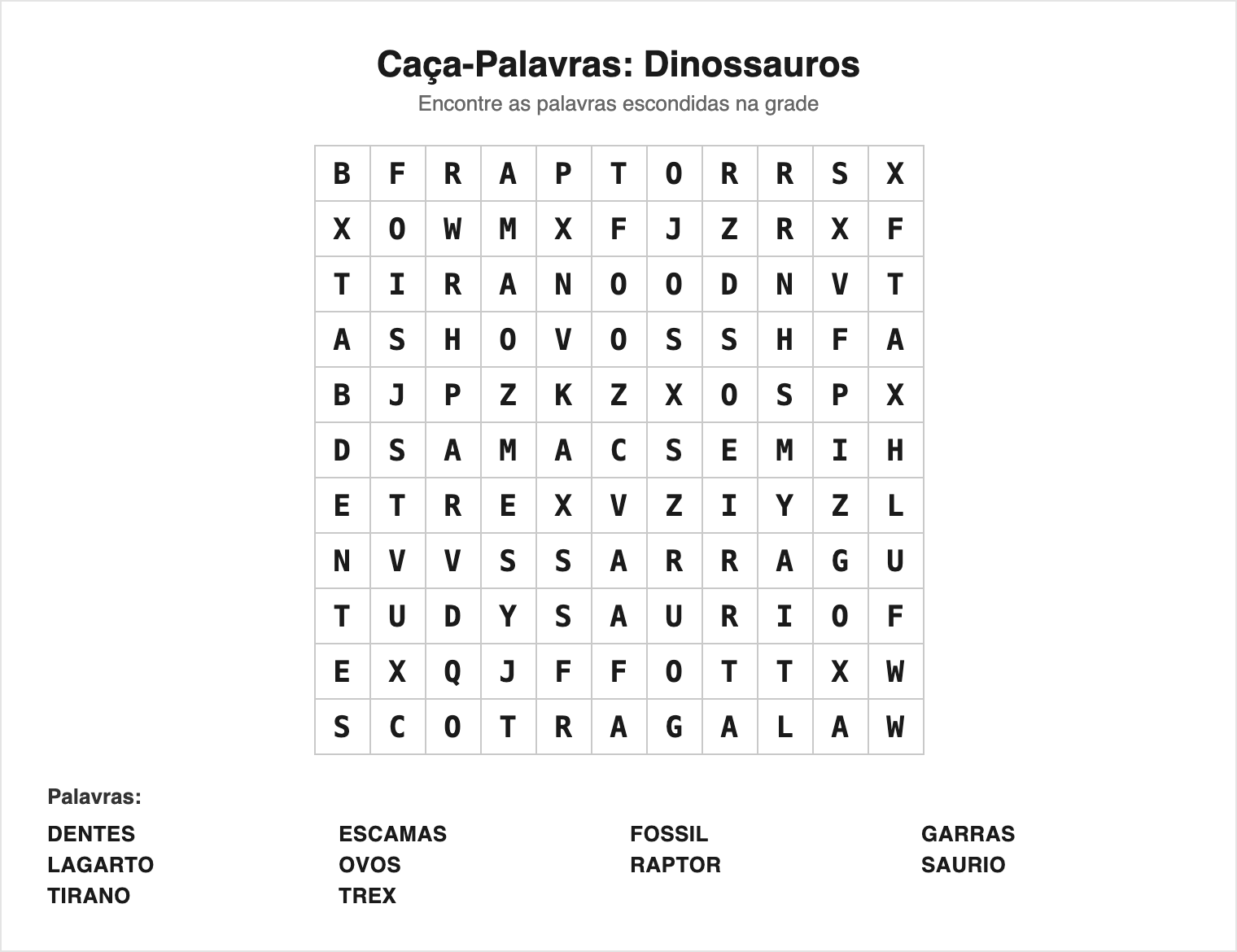 Difícil — 10 palavras (grade 11×11) — Caça-Palavras de Dinossauros para Imprimir