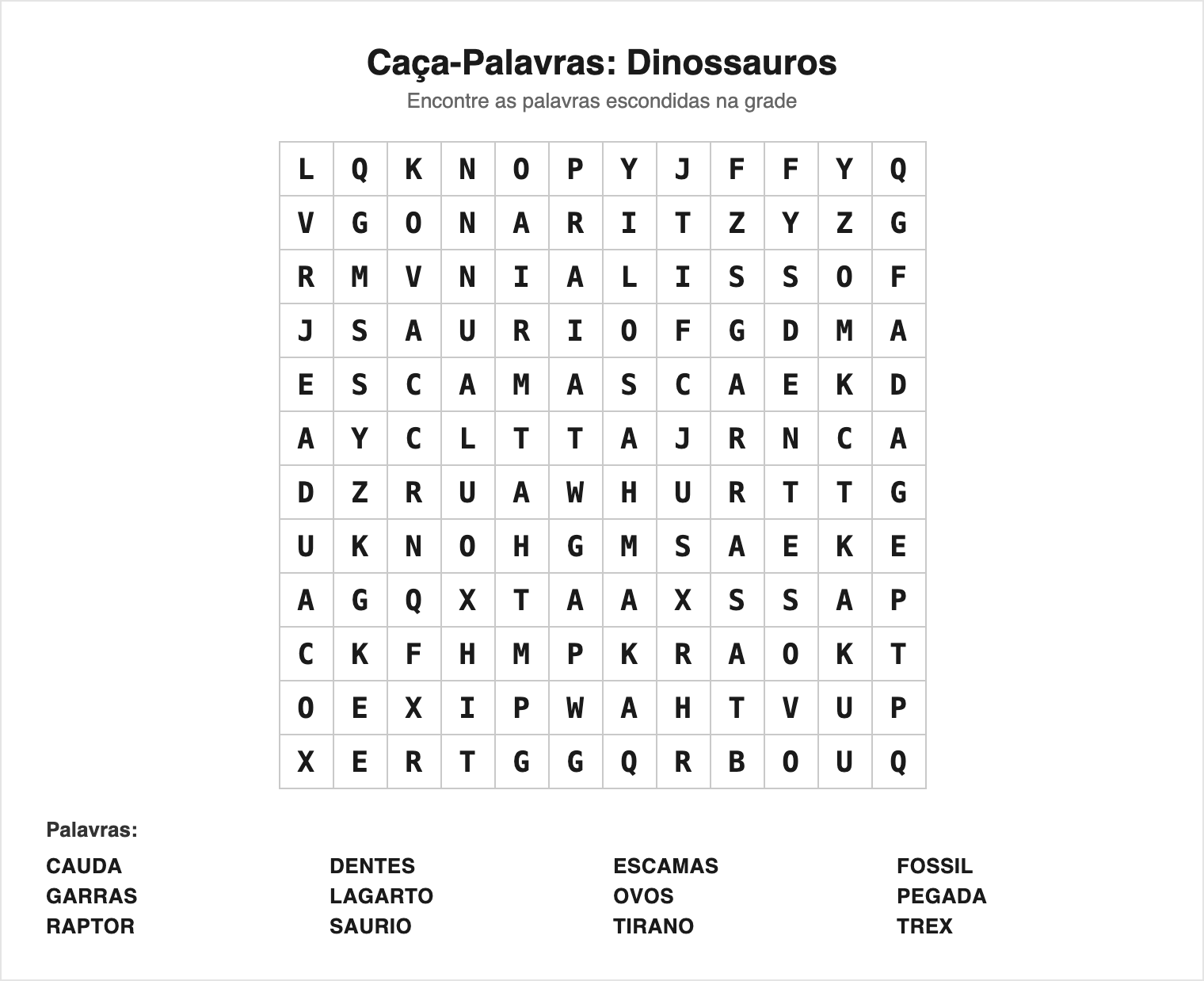 Difícil — 12 palavras (grade 12×12) — Caça-Palavras de Dinossauros para Imprimir