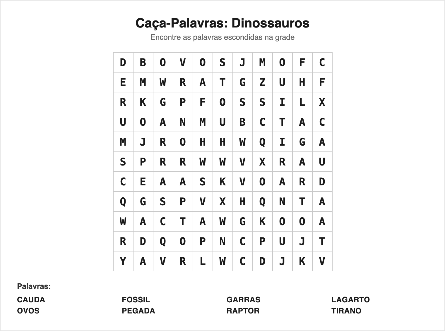 Fácil — 8 palavras (grade 11×11) — Caça-Palavras de Dinossauros para Imprimir
