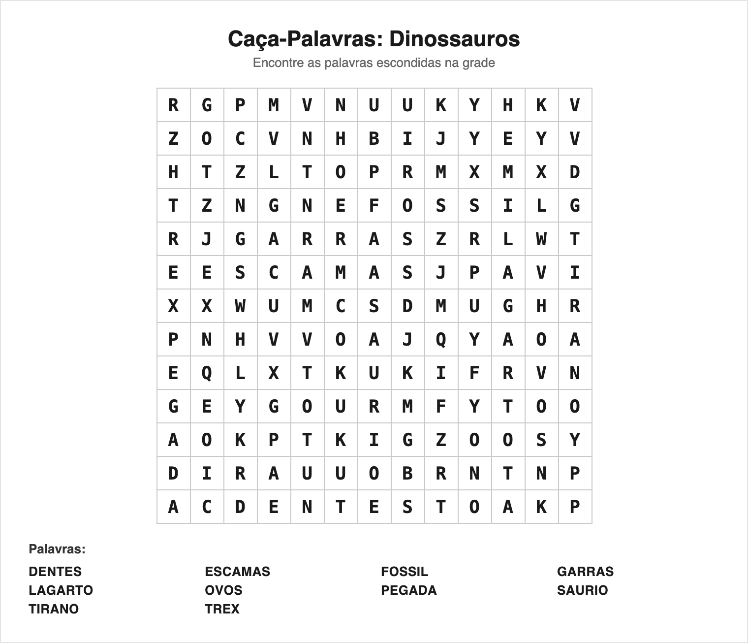 Fácil — 10 palavras (grade 13×13) — Caça-Palavras de Dinossauros para Imprimir