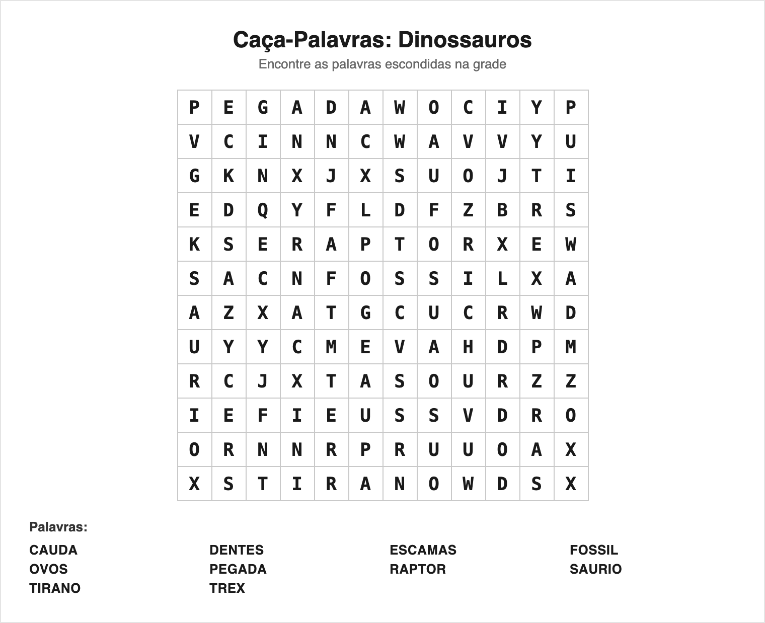 Médio — 10 palavras (grade 12×12) — Caça-Palavras de Dinossauros para Imprimir