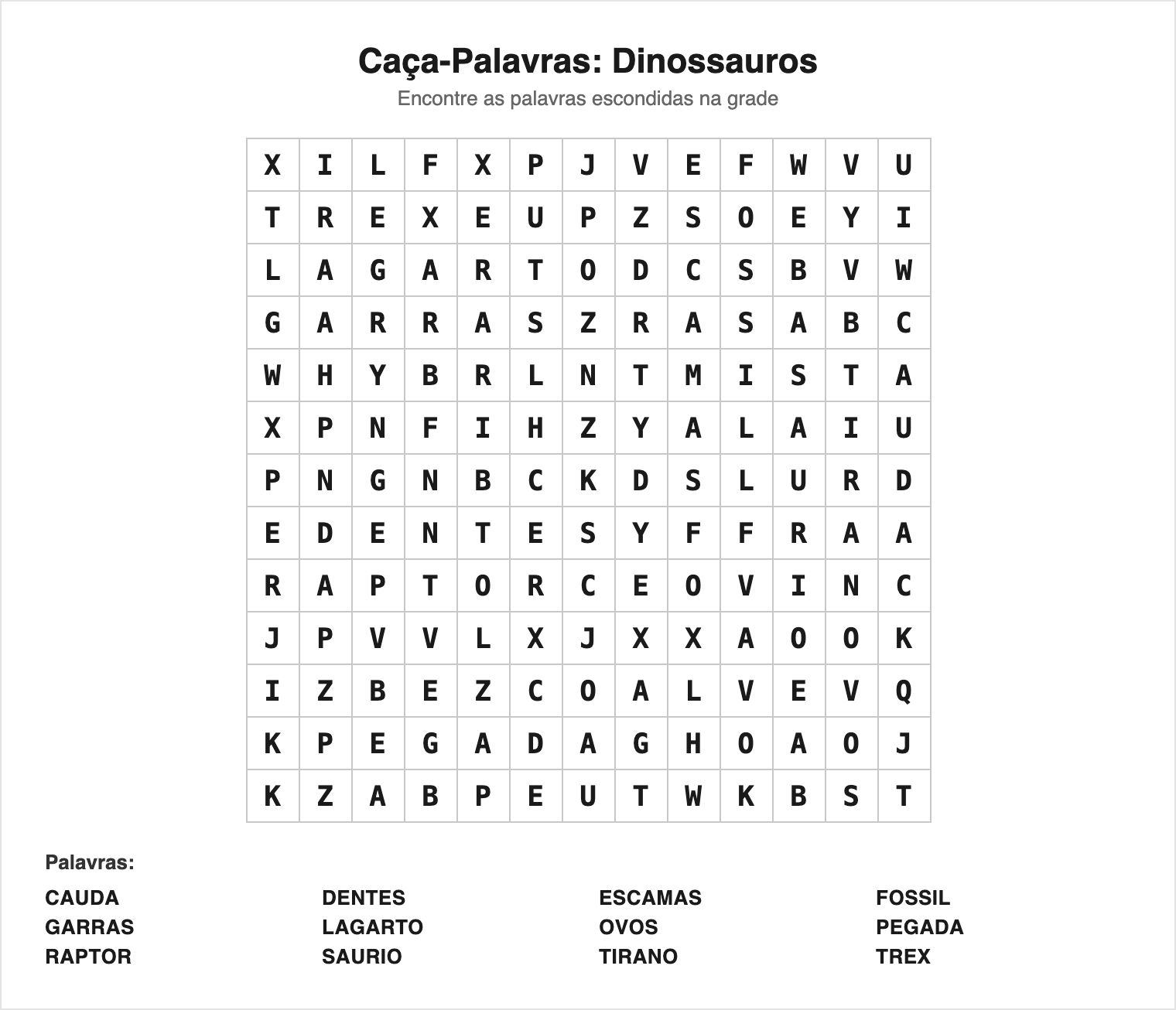 Médio — 12 palavras (grade 13×13) — Caça-Palavras de Dinossauros para Imprimir
