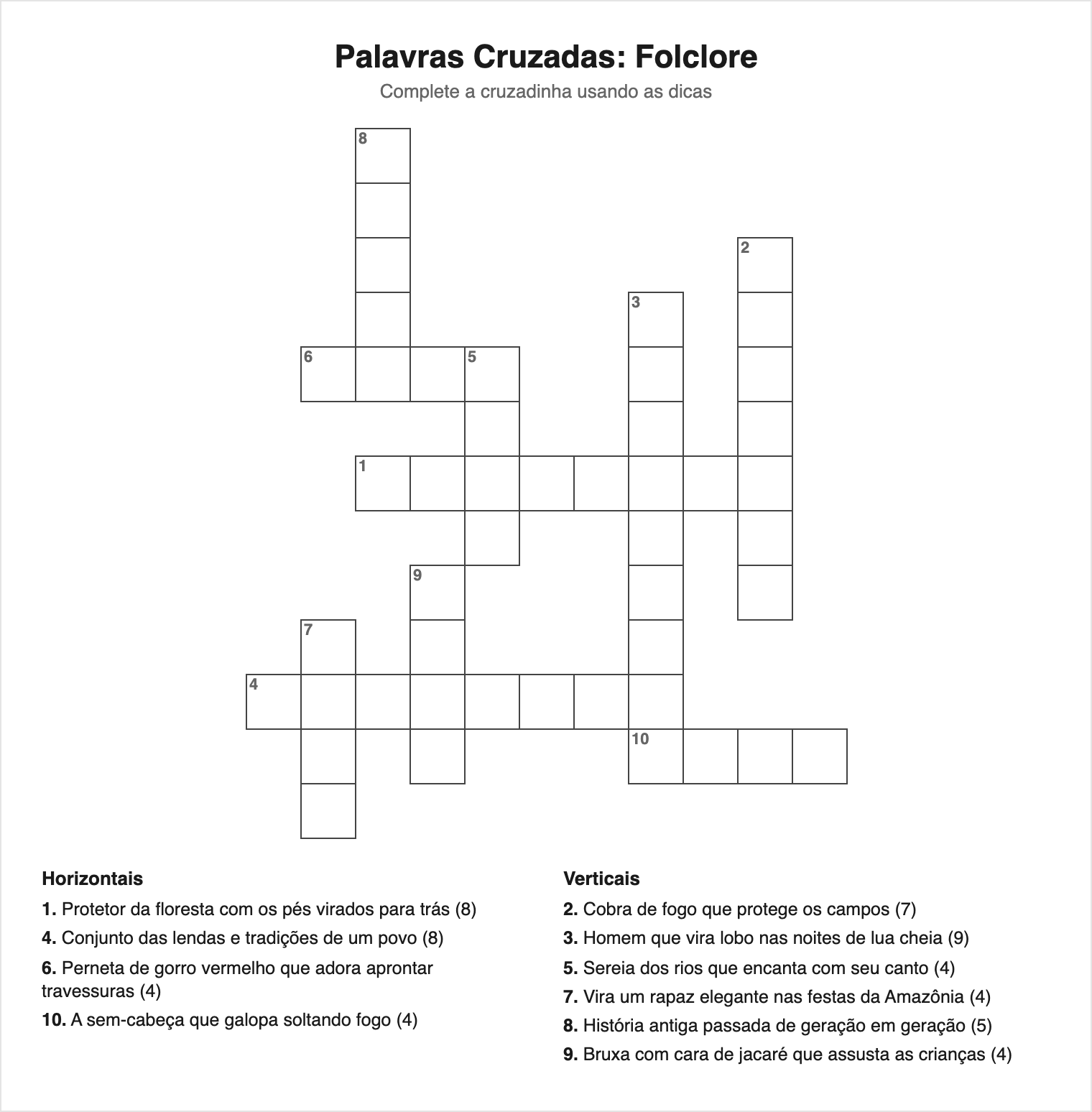 10 palavras — grade 13×13 — Cruzadinha do Folclore para Imprimir