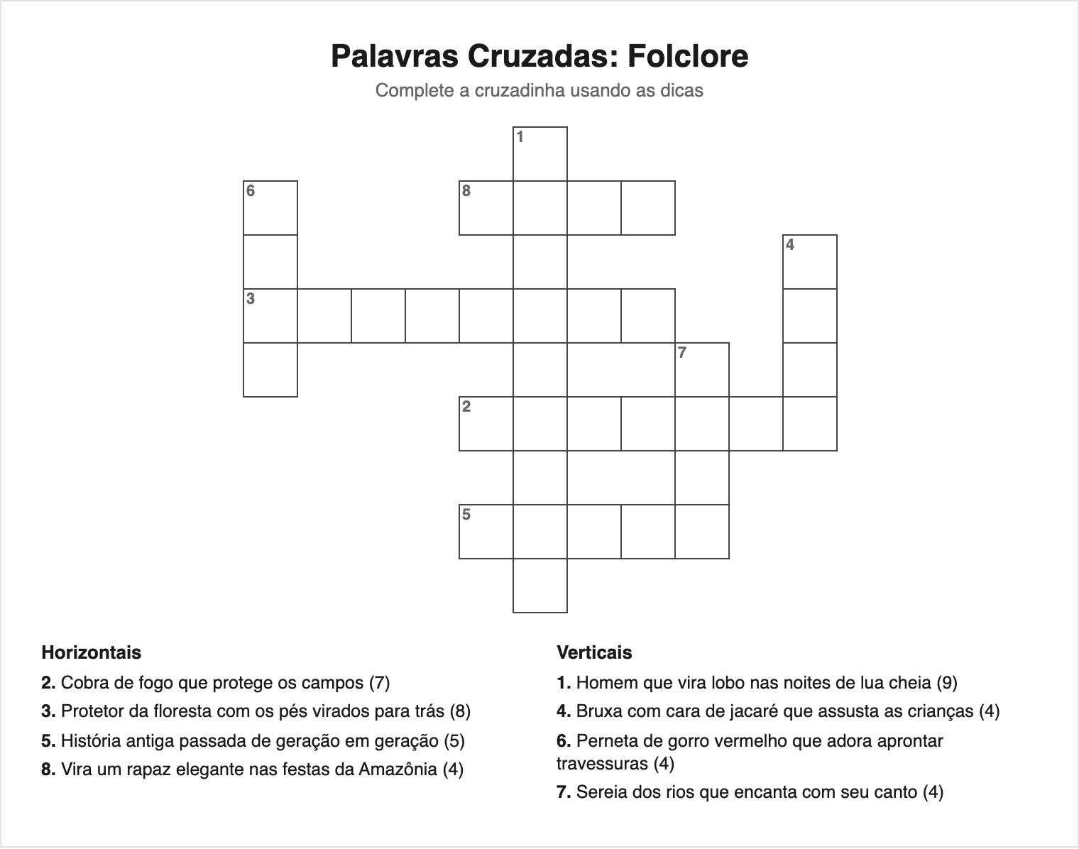 8 palavras — grade 11×11 — Cruzadinha do Folclore para Imprimir