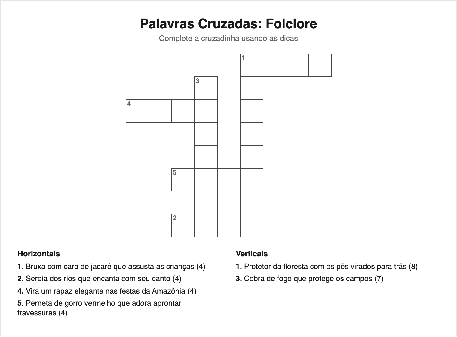 6 palavras — grade 9×9 — Cruzadinha do Folclore para Imprimir