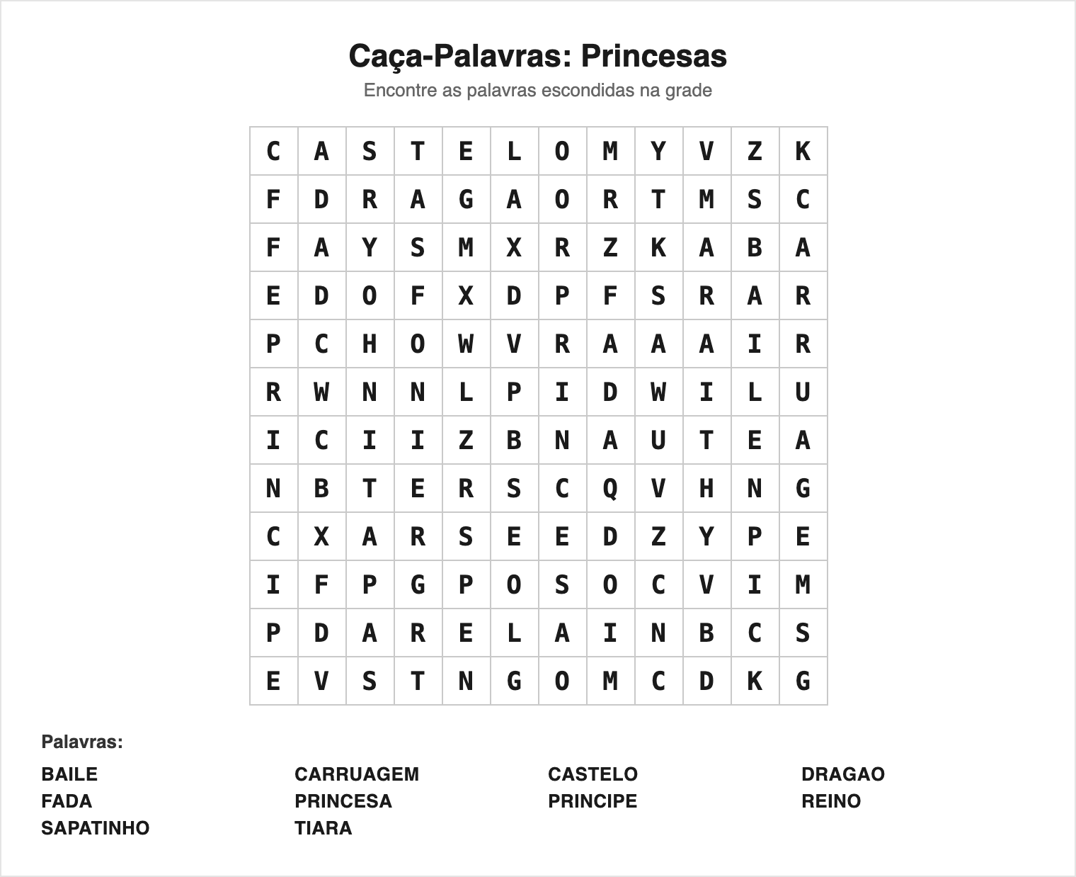 Difícil — 10 palavras (grade 12×12) — Caça-Palavras de Princesas para Imprimir