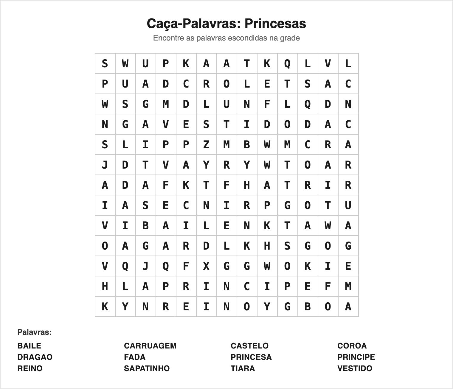 Difícil — 12 palavras (grade 13×13) — Caça-Palavras de Princesas para Imprimir