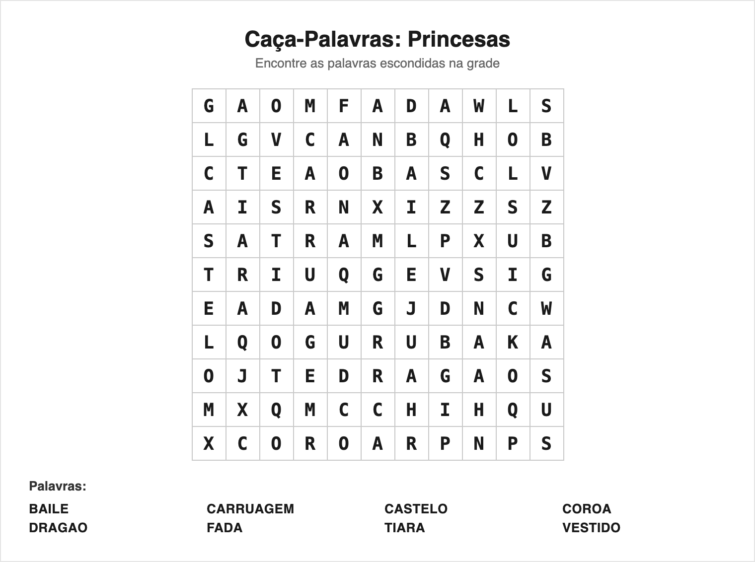 Fácil — 8 palavras (grade 11×11) — Caça-Palavras de Princesas para Imprimir