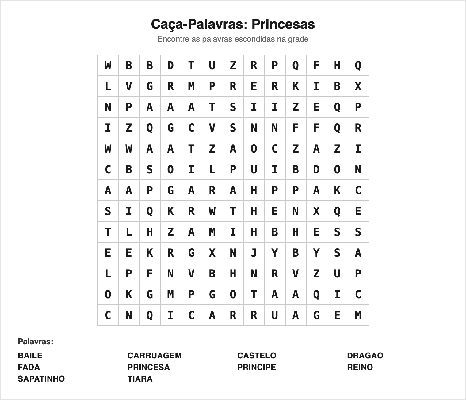 Fácil — 10 palavras (grade 13×13) — Caça-Palavras de Princesas para Imprimir