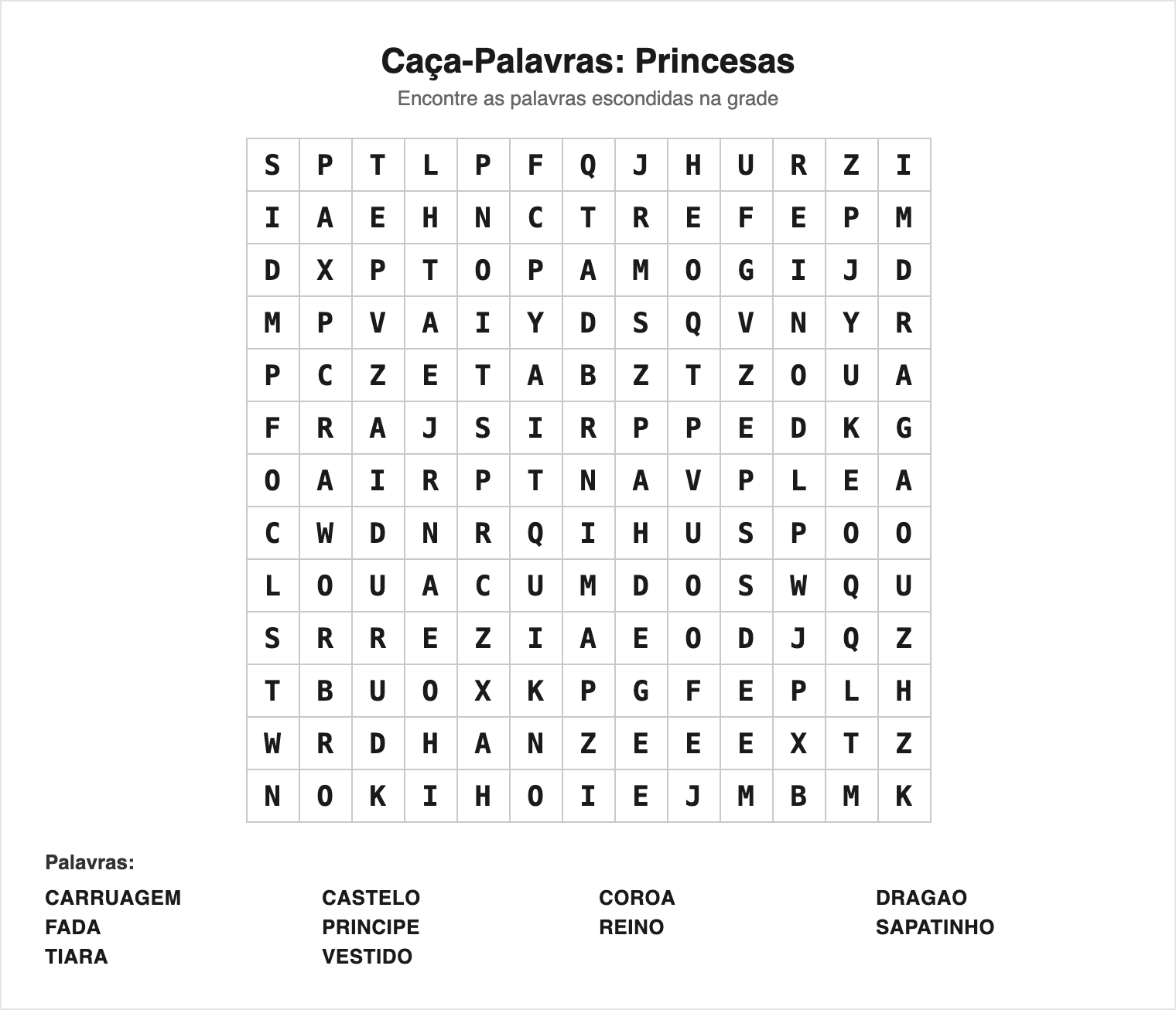 Médio — 10 palavras (grade 13×13) — Caça-Palavras de Princesas para Imprimir