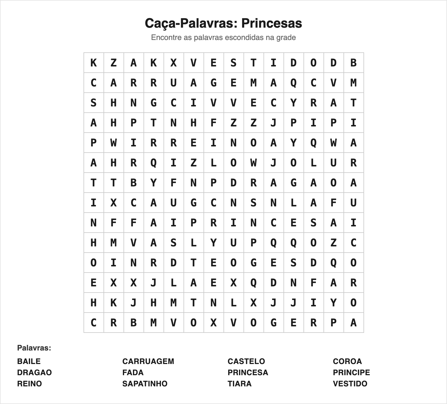 Médio — 12 palavras (grade 14×14) — Caça-Palavras de Princesas para Imprimir