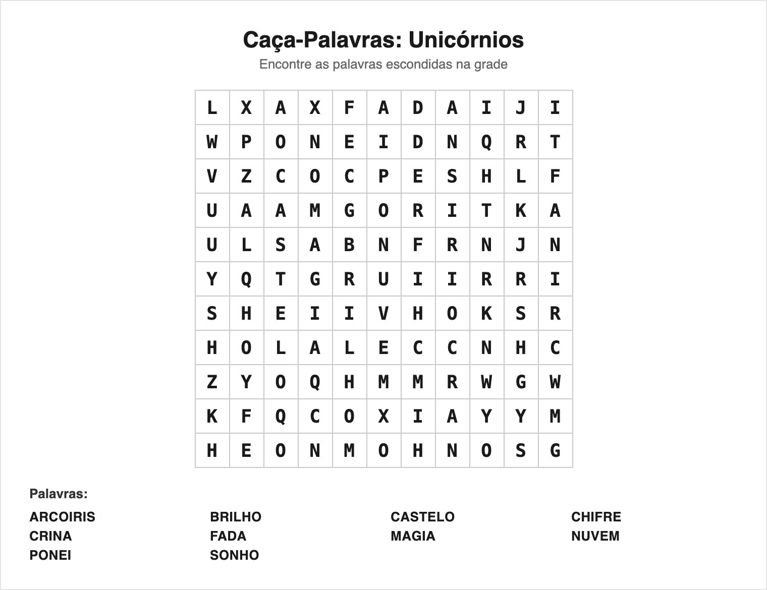 Difícil — 10 palavras (grade 11×11) — Caça-Palavras de Unicórnio para Imprimir
