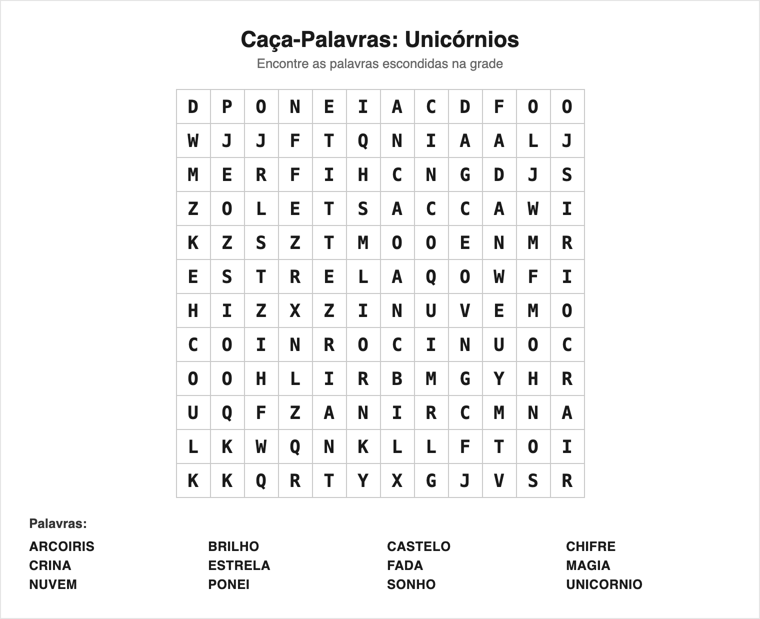 Difícil — 12 palavras (grade 12×12) — Caça-Palavras de Unicórnio para Imprimir
