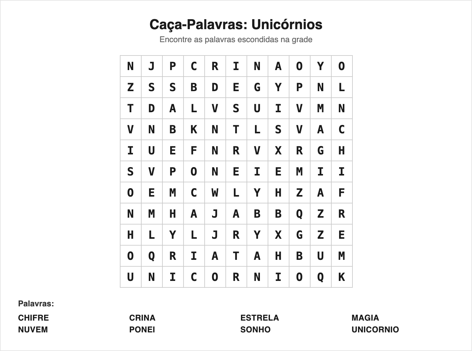 Fácil — 8 palavras (grade 11×11) — Caça-Palavras de Unicórnio para Imprimir