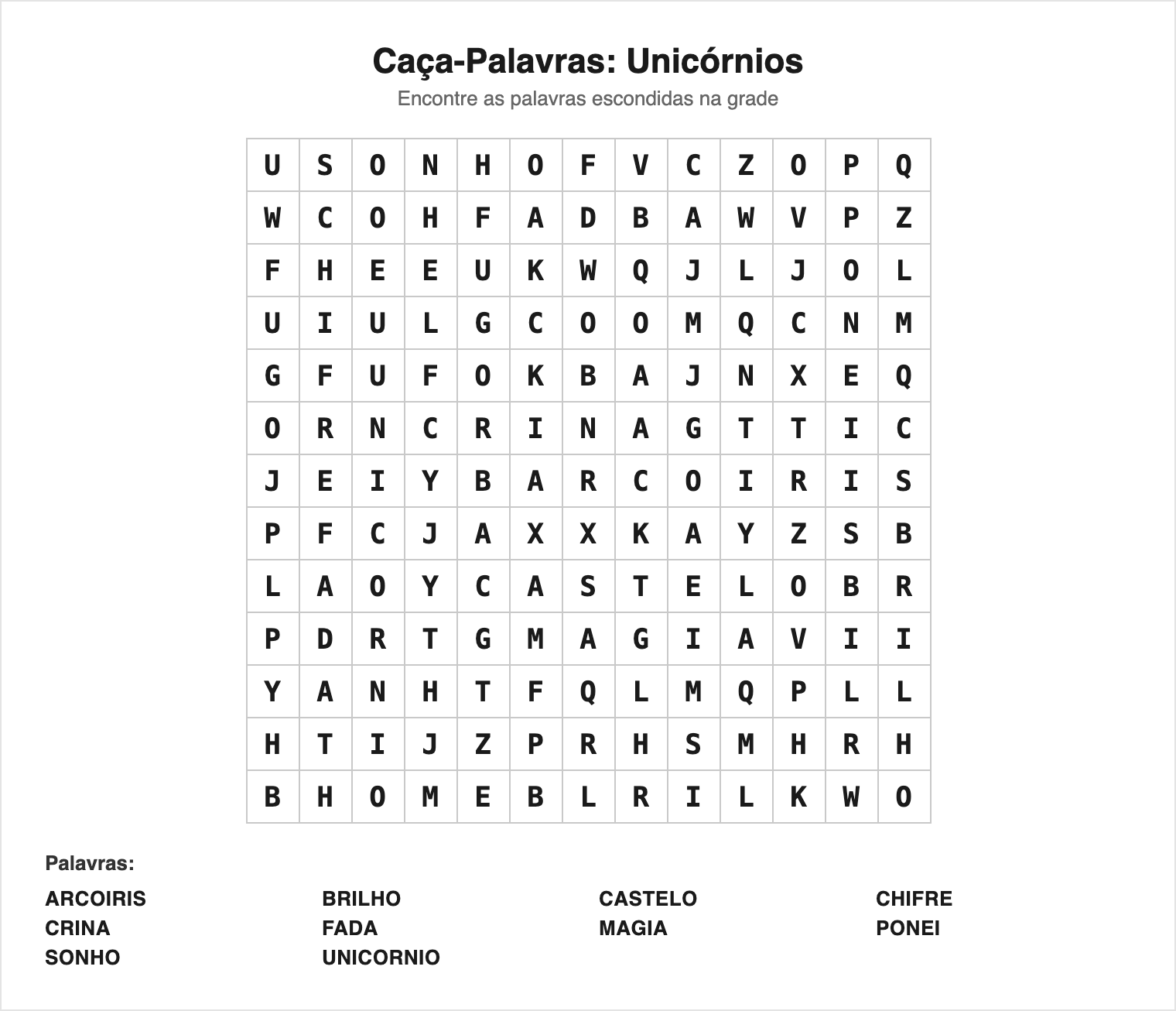 Fácil — 10 palavras (grade 13×13) — Caça-Palavras de Unicórnio para Imprimir