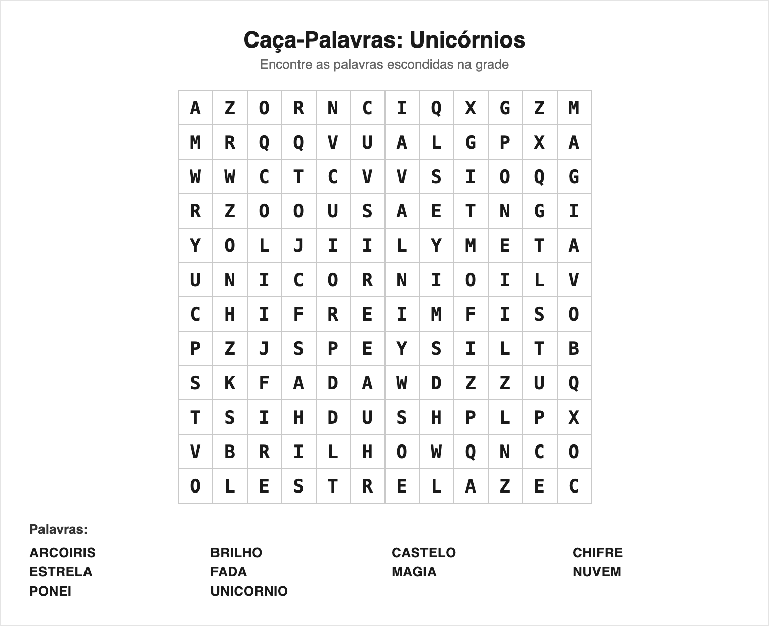 Médio — 10 palavras (grade 12×12) — Caça-Palavras de Unicórnio para Imprimir