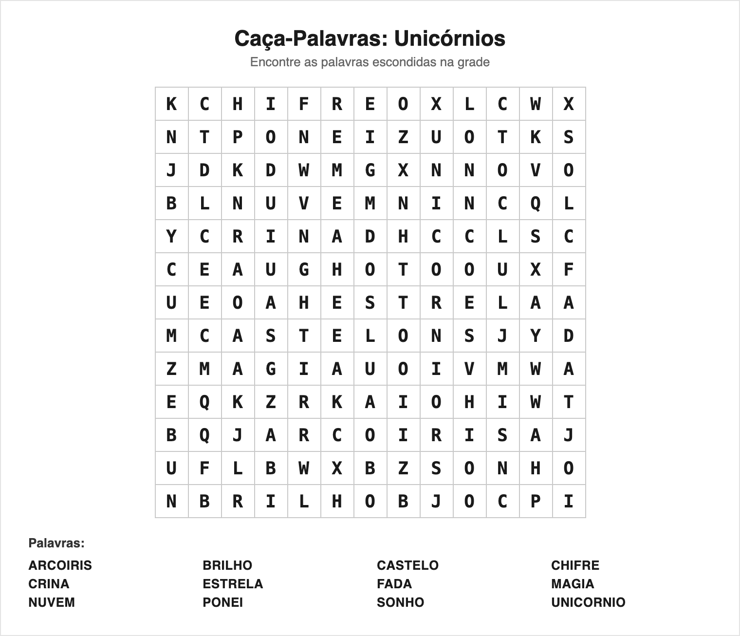 Médio — 12 palavras (grade 13×13) — Caça-Palavras de Unicórnio para Imprimir